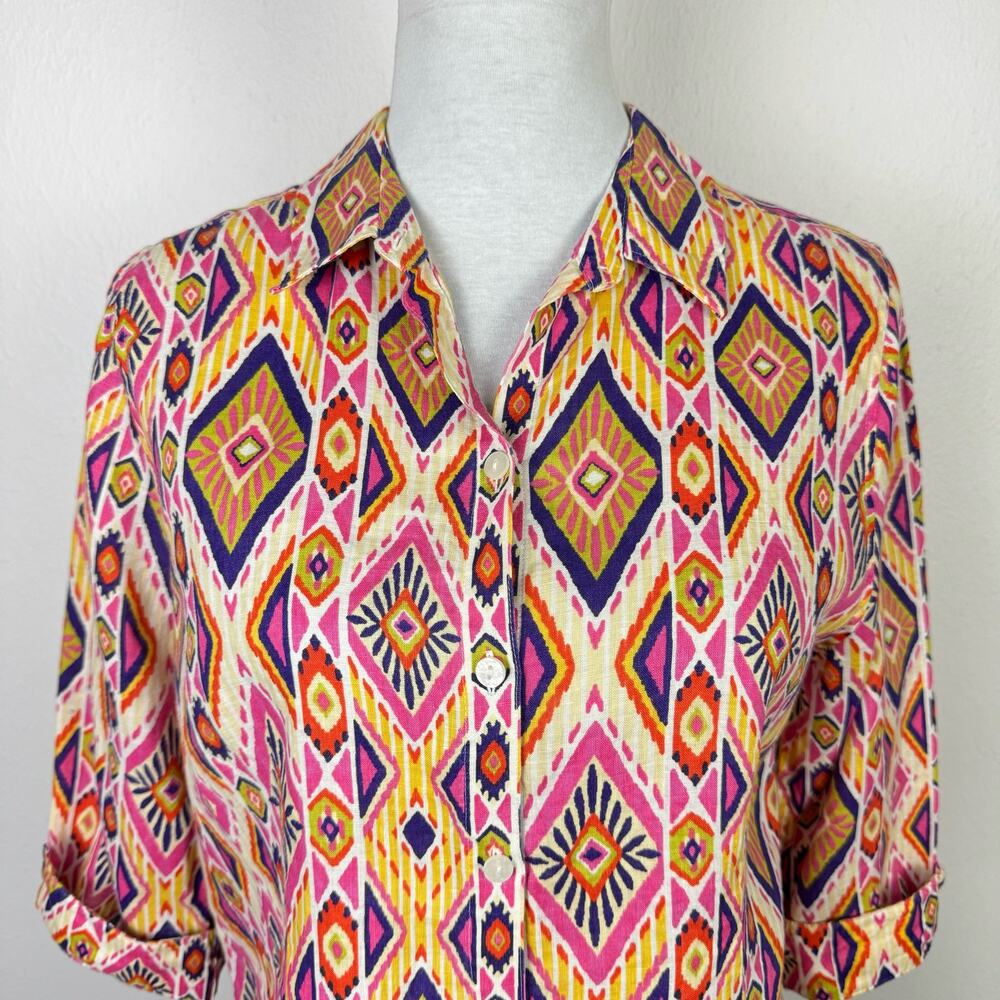 Chico's | Sz 0 Ikat 100% Linen Button-Back No Iron Colorful Button Up Shirt - Picture 6 of 14
